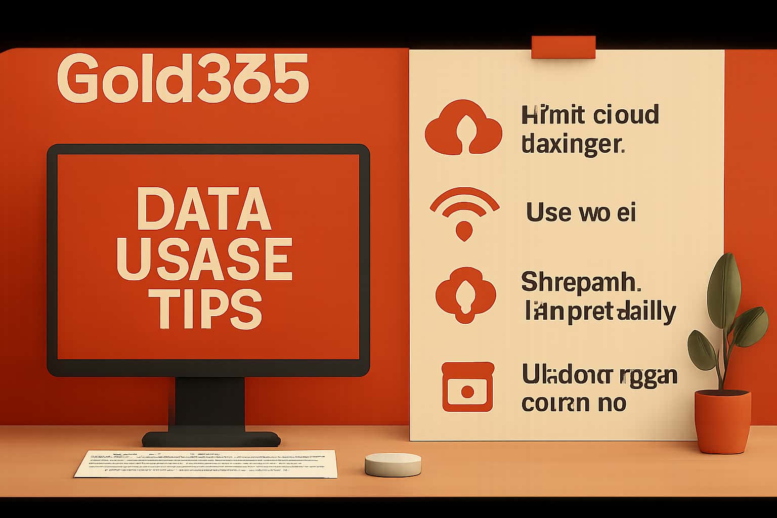 An informational scene highlighting Gold365 Data Usage Tips with emphasis on data management and application use.